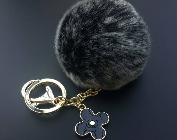 Black Frost Genuine Rabbit fluffy ball furkey fur ball pom pom keychain for car key ring Bag Pendant