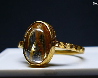 Size 7.75 Rutilated Quartz & Gold Ring, Made in Greece