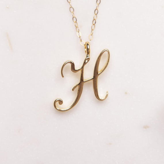 H Initial Necklace Cursive H initial gold