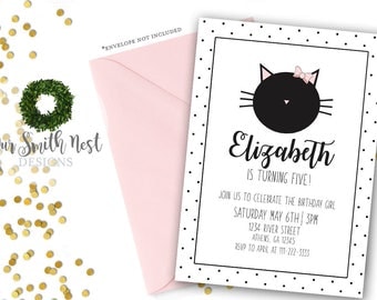 Kitty Cat Birthday Invitation, Printable, Childrens Party Theme, Cat Theme, Polka Dot Cat