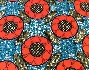 Fabric by the yard, Africa Fabric, Ankara, Designer Fabric, Blue, Orange and Olive Green