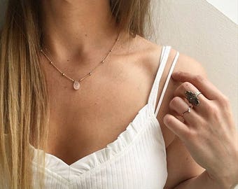 Beaded rose gold necklace, rose quartz necklace, rose quartz pendant, layered gold necklace, Champagne beaded necklace by Serenity Project