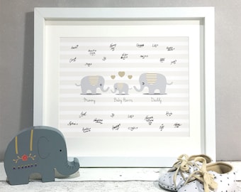 Elephant Family Baby Shower Guest Book Alternative, Personalised Christening Guest Print, Baby Shower Decoration, Girl Boy Stripe (unframed)