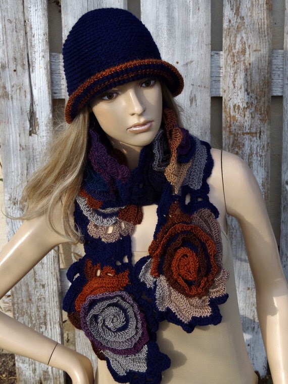 Crochet  Scarf with hat Unique Capelet shadows  navy blue brown grey purple Neck Warmer Roses soft scarf Neck Warmer Freeform crochet