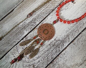 Dreamcatcher, copper mandala dream catcher necklace, Pearl Necklace Orange carnelian gemstone carnelian
