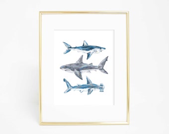 Shark Printable, Printable Shark Art, Shark Decor, Shark Art Print, Nursery Shark Print, Great White Shark, Hammerhead Shark Art Printables
