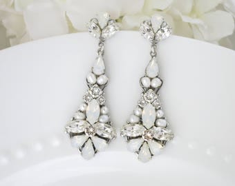 Wedding Earrings, Swarovski White Opal Statement Chandelier, Crystal and pearl bridal earring, Opal rhinestone wedding earring