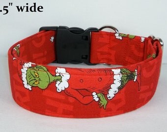 Red Grinch Christmas fabric Dog Collar custom made by Terri's Dog Collars adjustable with charm