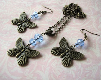 Butterfly jewelry Butterfly earrings Butterfly pendant Blue jewelry Girl gift for her Charm jewelry set Bronze jewelry Blue crystal jewelry