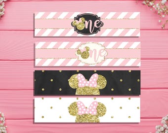 Printable Minnie Mouse Water Bottle Labels Minnie Mouse 1st First birthday party decorations Pink and gold birthday decorations MInnie mouse