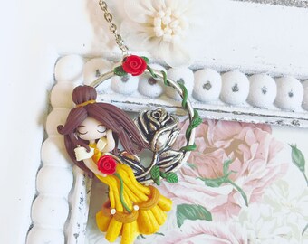 Polymer Clay Fimo Cameo necklace Kawaii Cute Chibi Belle Disney tiny Princess Princess Pink Rose beautiful beast Gift Handmade Charms