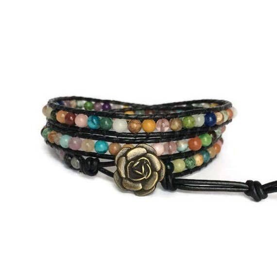Gemstone Wrap Bracelet Beaded Leather Bracelet Bohemian
