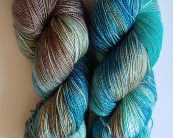 Hand dyed yarn, 150g fingering weight, superwash merino and silk blend, blue, turquoise, and brown, variegated, ready to ship, Barbados
