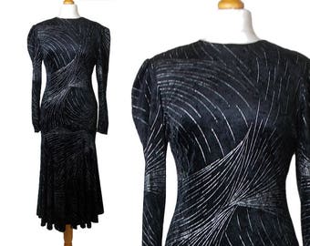 90s Does 30s Velvet Evening Dress Black and Silver with Fishtail Hem 1990s UK Made Reflections Size 10