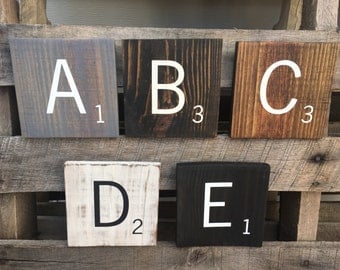 Large Oversized 5.5 Inch Square Wood Scrabble Tiles with Stain Color Options/Hand Painted Wooden Scrabble Tiles/Wall Hanging/Wall Decor