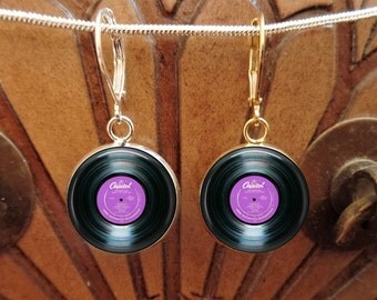 Vinyl Record Earrings, DJ Gift Purple Gold Earrings, record album label jewelry, DJ Earrings, Music Earrings, gift for DJ