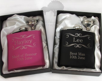 Personalised Hip Flask's Available in Pink And Black. Perfect wedding gift for Bride - Bridesmaid - Maid Of Honour - Groom - Groomsman (bf2)