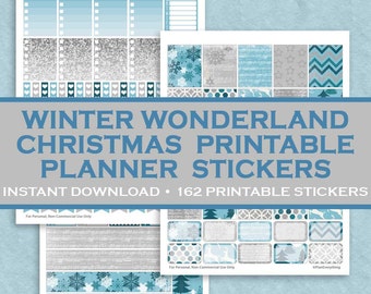 Winter Wonderland Christmas Printable Planner Stickers - 162 Printable Stickers - Blue & Silver - Instant Downloadable Letter Size PDF