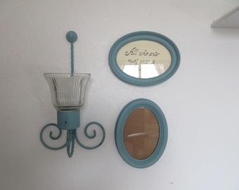 Vintage Aqua Distressed Candle Sconce with Oval Picture Frames