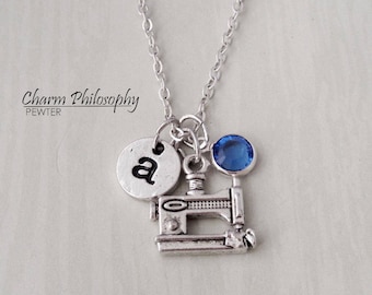 Sewing Machine Necklace - Sewing Gifts - Mom Gifts Ideas - Monogram Personalized Initial and Birthstone