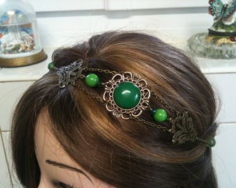 chain headband bronze Palm tree and green semi precious AGATE and JADE pearls/serre tete bronze palmier en chaine avec pierre de Jade verte