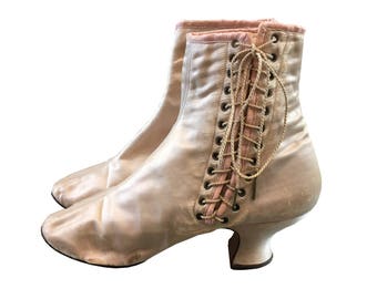 c. 1900 Ballet Slipper Pink Silk Satin Side Lace Ankle Boots