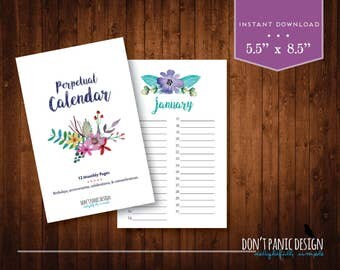 Printable Perpetual Calendar - Watercolor Floral Birthday Calendar - Anniversary Calendar - Eternal Planner - Instant Download PDF