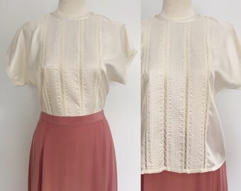 1980s Cream Silky Lace Pintuck Dolman Blouse / oversized blouse / small S medium M