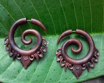 Fake gauge earrings "Sono Ornament Spiral" hand carved earrings fake gauges fake earrings tribal earrings spiral earrings spiral gauges