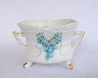 Footed Planter, White with Blue Grapes, Lefton China 2189