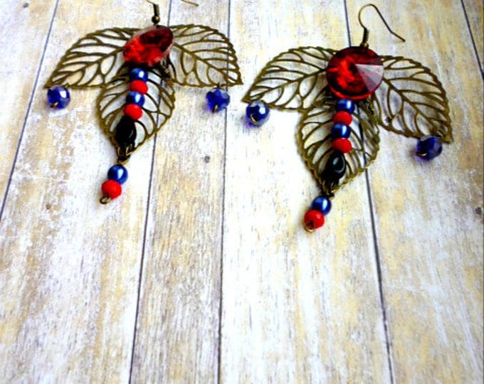 Red blue dangle earrings Embellished filigree leaves crystal brass tone earrings red crystals jewelry Spanish Baroque gift d g her birthday
