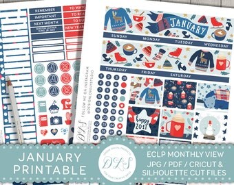 January Monthly Kit, January Planner Stickers, Printable Planner Stickers, January Stickers for Erin Condren, New Year Planner, MV116