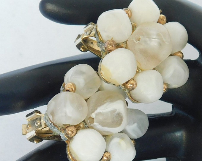Kramer WHITE MOONSTONE Vintage Gold Tone Christmas Gifts for Her, Stocking Stuffers Beautiful Beaded Clip Earrings! 1103
