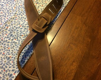 Leather Guitar Strap - Amish Handmade - Adjustable - Reversible - brown, two-tone stitched / Made in USA