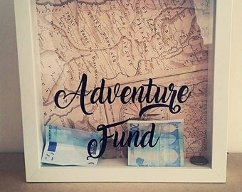 Adventure Fund, Adventure Fund Box, Travel Fund, Travel Money Box, Money Box, Savings, Holiday Fund, Personalised, Drop Box, Box Frame, Map