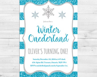 Winter Onederland Invitation, First Birthday Invitation Boy, Blue And Grey, Silver, Snowflake, First Birthday