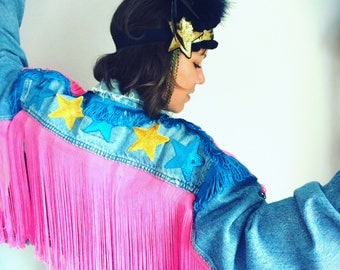 Rediscovered vintage denim jacket, sequin and tassel upcycled denim jacket, boho clothing, festival denim jacket, burning man denim jacket