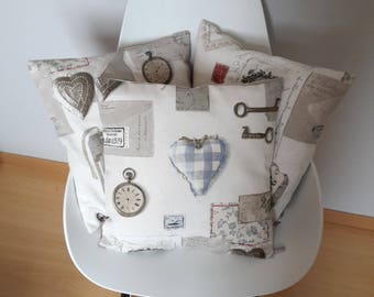 Cushion cover shabby chic style in shades of beige, Taupe and light blue