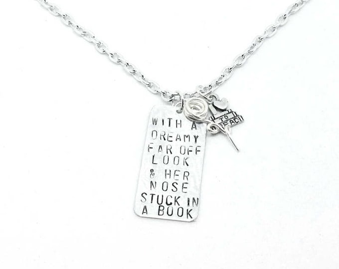 And Her Nose Stuck in a Book Hand Stamped Necklace, Beauty and the Beast Jewelry, Book Charm Necklace, Unique Birthday Gift, N009