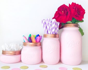 Makeup brush holder, Baby Pink Mason Jar, blush pink decor, copper, rose gold desk accessories, pen pot, mason jar vase, pink makeup storage