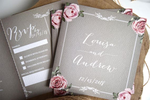 Rustic Wedding Invitation - Floral Grey