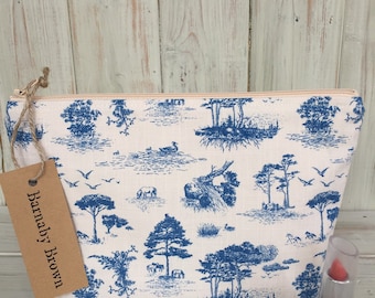 Toile de Jouy Make Up Bag,Cosmetic Bag,Toiletry Bag,Zipper Pouch,Pencil Case,Wash Bag, Purse, Accessory Bag,Toile de Jouy Fabric, Handmade.