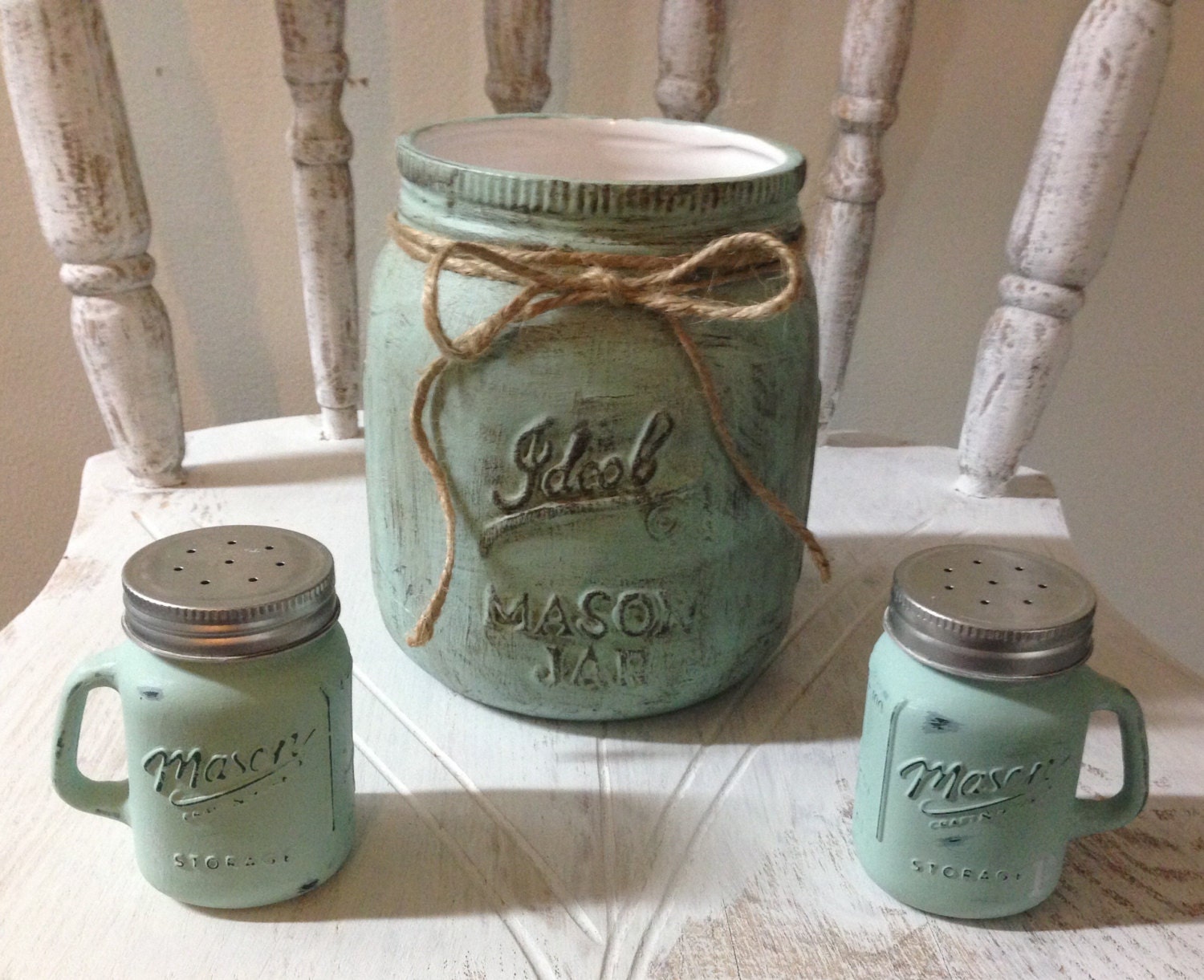 Rustic Mason Jar Utensil Holder with Salt & Pepper Shakers