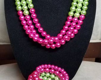 3pc Pink and Green Layered Necklace Set, AKA Pearls, AKA Necklace, Pink Layered Necklace, AKA Sorority Jewelry