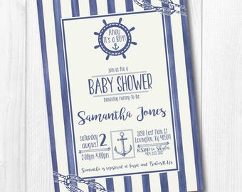 Anchor Baby Shower Invitation, Nautical Baby Shower Invitation, Ahoy It's a Boy, Navy Blue Ocean Theme Birthday Party