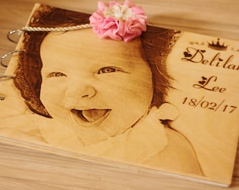 Photo Album, Personalized Wooden Photo Album,initial photo album baby, wood engraved book, album photo naissance.
