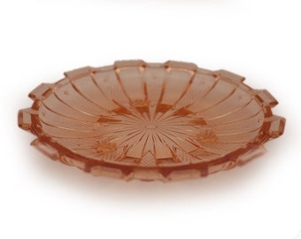 Art Deco Pink Depression Footed Glass Relish Candy Dish, Antique Pink Glass Three Legged Bowl 1930's Cookies