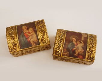 Italian Florentine Gold Gilt Wood Mother and Child Icon Trinket Box set of 2, Hollywood Regency Boudoir Box