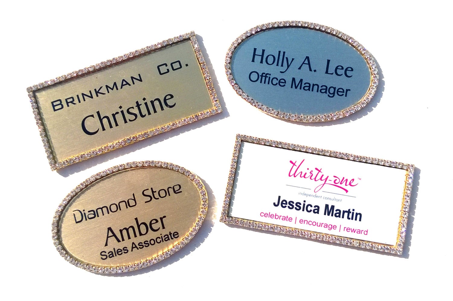 Rhinestone Name Tags. Oval and Rectangle. Gold