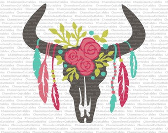 cow skull with feathers 5 layers/colors, svg, cut, file, bull, floral, flowers, flourishes, vector, silhouette, clip art, design